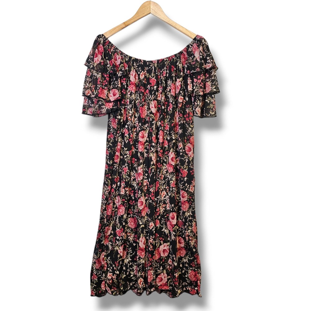 Joie De Vivre Dress 2X Black Pink Dark Floral Ruffle Off Shoulder Midi Fall Boho